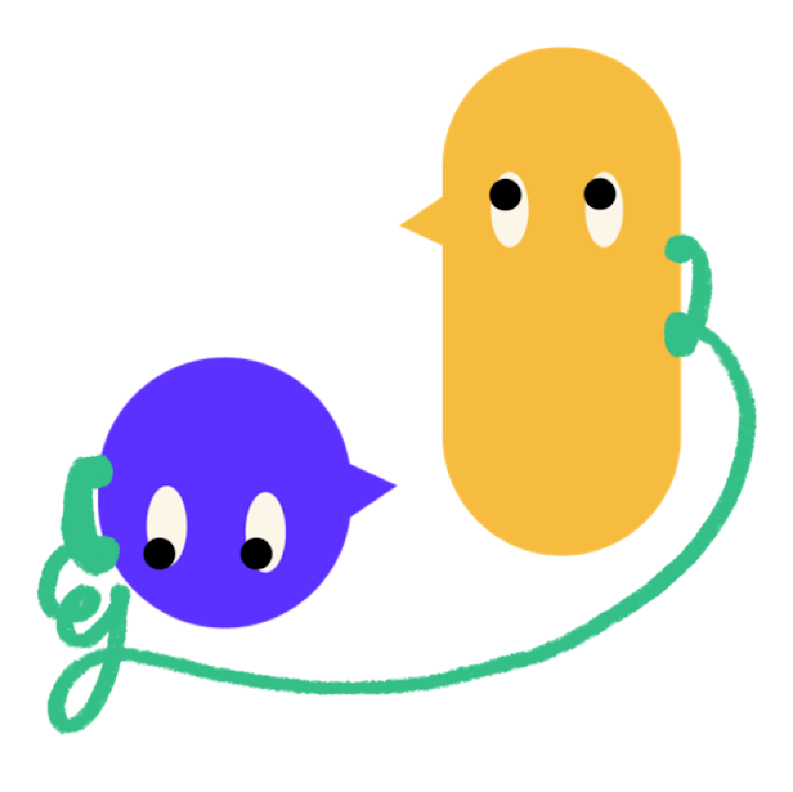 Illustration of a blue speech bubble and a yellow speech bubble positioned next to each other, but not looking at each other. They are calling each other on old-school wired phones.